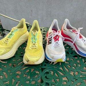 Hoka Athletic Shoes in Yellow and White with Red Accents